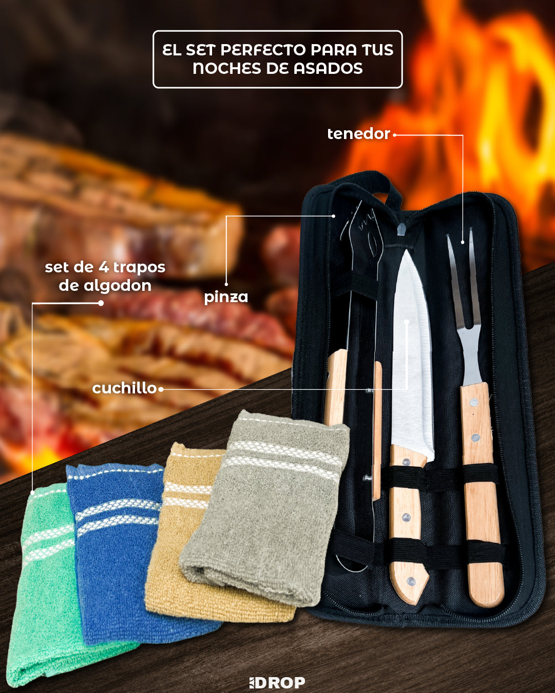 Set parrillero (estuche con pinza, chuchillo y pincho mas 4 toallitas para la cocina)