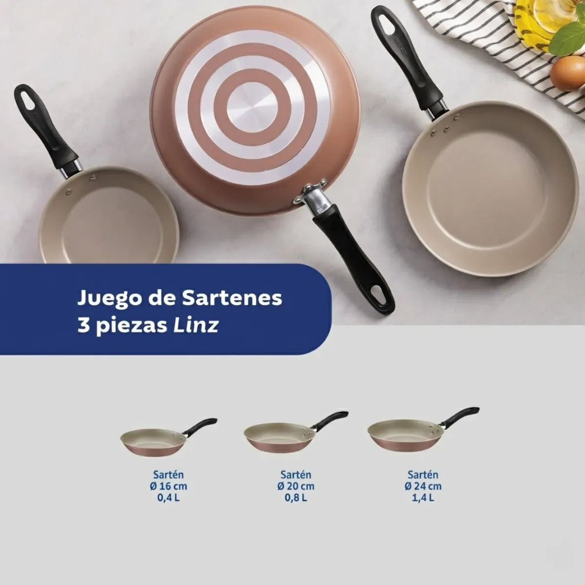 Juego De Sartenes Linz 3 Piezas Antiadherente Tramontina