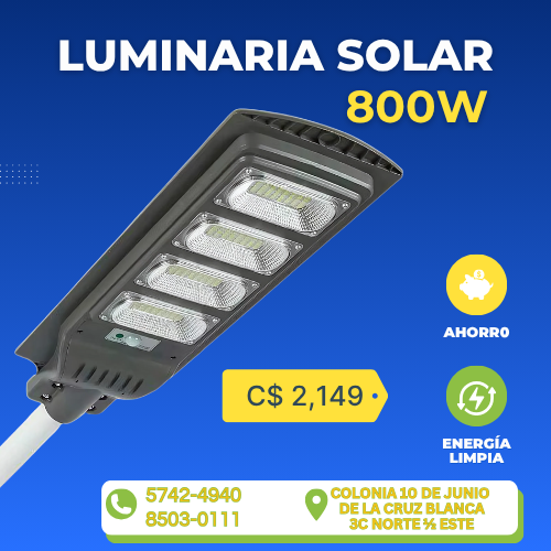 Luminaria solar T-Day 800 Watts (incluye Tubo, control y pernos de expansion)