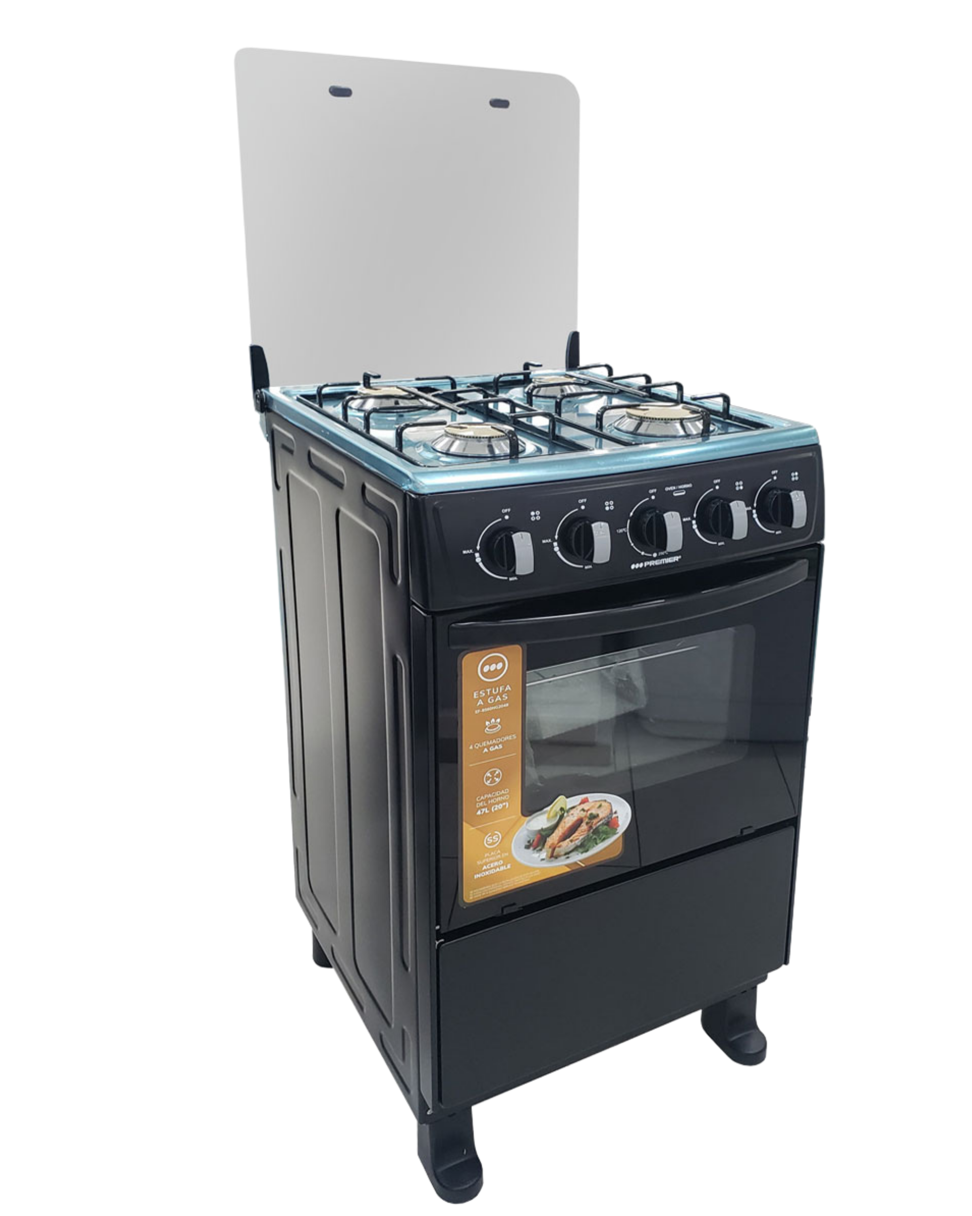 Estufa a gas 20" 4 quemadores C/Horno de gas, negro EF-8560NG204B