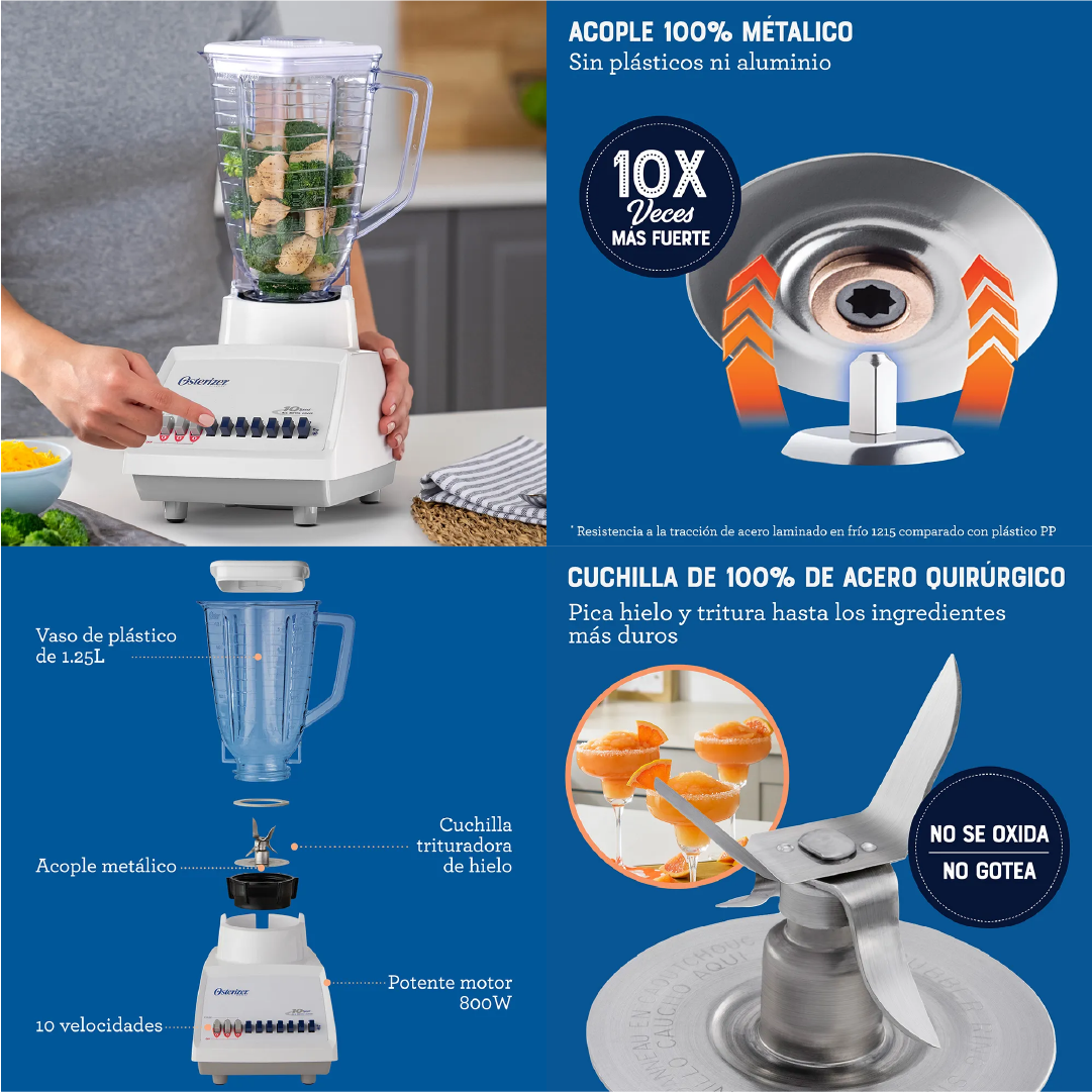 Licuadora Oster® 10 velocidades vaso plástico 800watts 1.25 litro