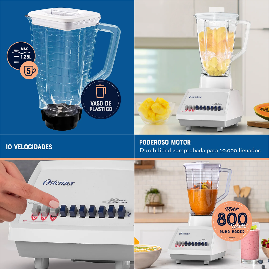 Licuadora Oster® 10 velocidades vaso plástico 800watts 1.25 litro